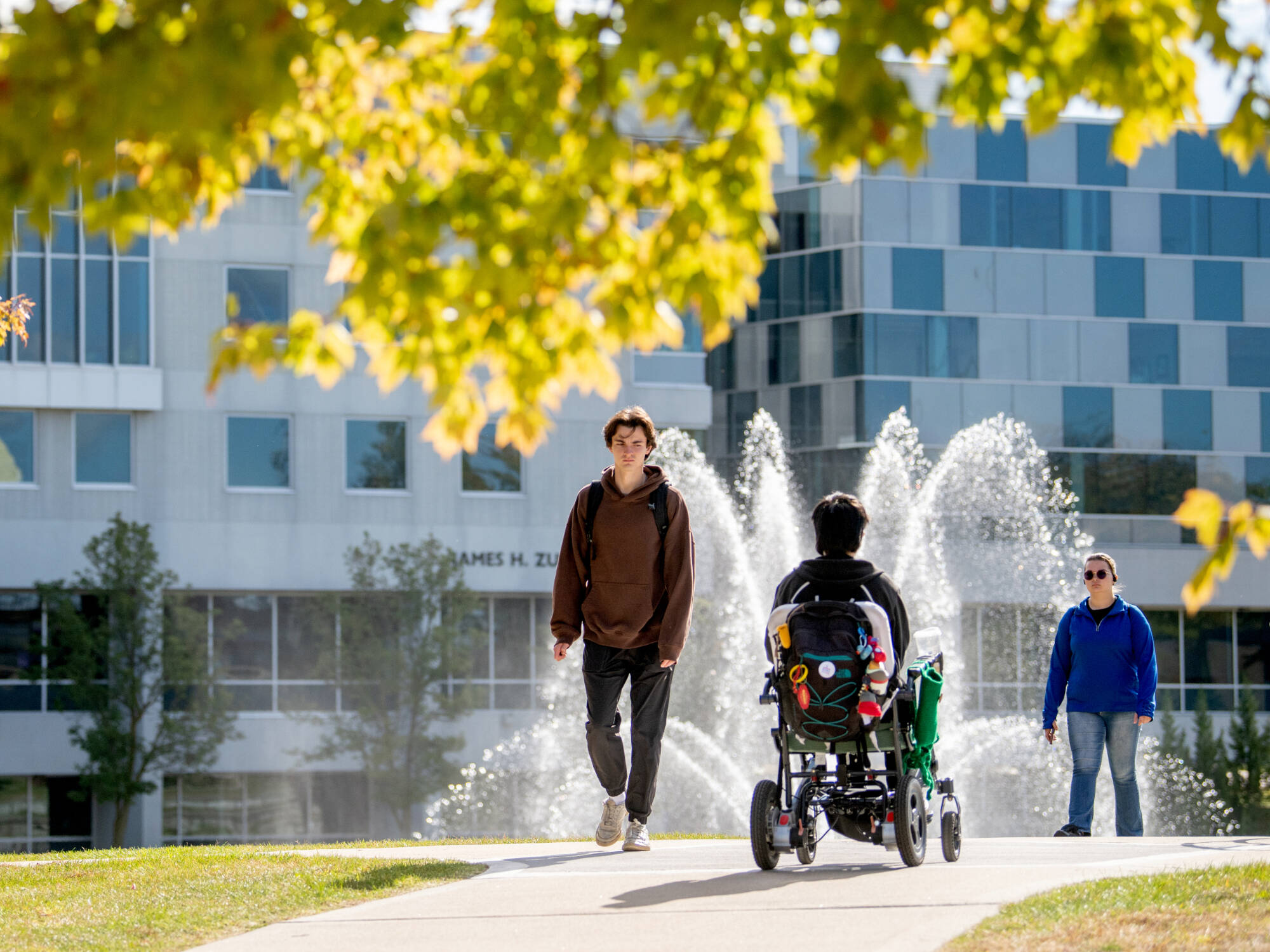 People walking on a path near a fountain and modern building, with tree leaves above.